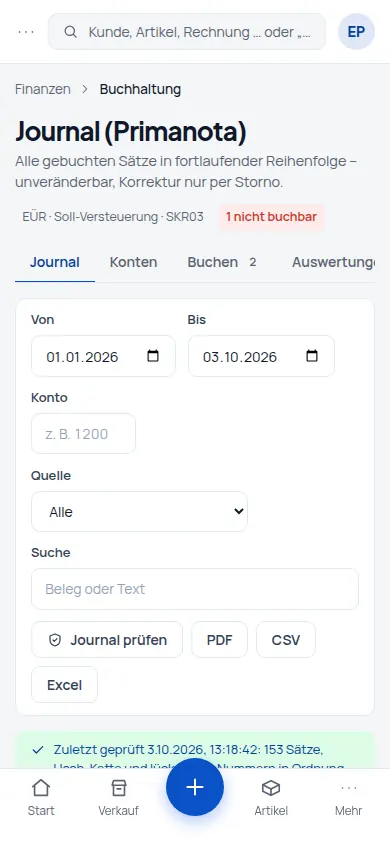 Hauptbuch & Journal: Doppelte Buchführung mit unveränderbarem Journal – lückenlos nummeriert und per Hash-Kette gesichert (Handyansicht) – Bildschirm aus der Demo