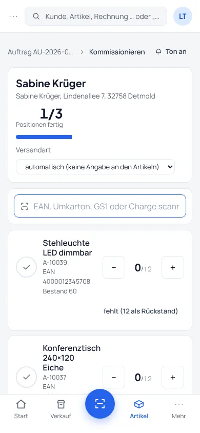 Kommissionieren auf dem Handy: Fortschritt, Scanfeld und Positionen – Bildschirm aus der Demo