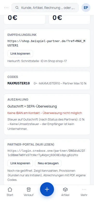 Empfehlungslink & Plugin: Empfehlungslink statt nur Gutscheincode – das kostenlose WordPress-Plugin „credoox Connect“ merkt sich den Partner (Handyansicht) – Bildschirm aus der Demo