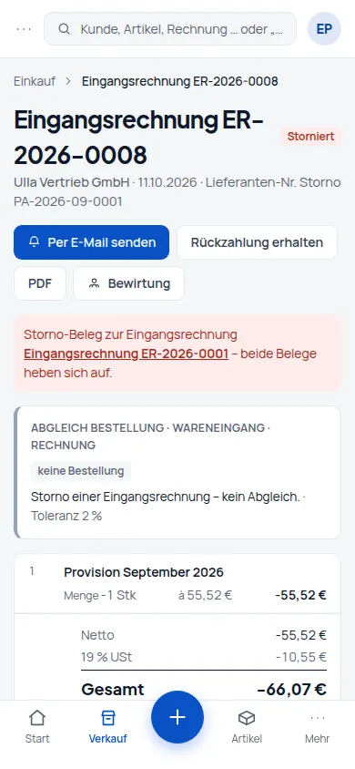 Storno: Gutschrift storniert – auch wenn sie schon bezahlt war: Gegenbeleg, Rückforderung, Rückzahlung (Handyansicht) – Bildschirm aus der Demo