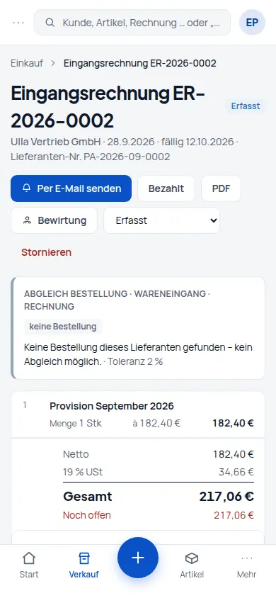 Gutschriften per API: Partner-Gutschriften als Eingangsrechnung anliefern – einmal gesendet, nie doppelt (Handyansicht) – Bildschirm aus der Demo