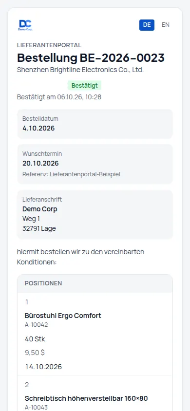 Lieferantenportal: Ein Link ohne Login: Lieferant bestätigt, meldet die Sendung, lädt die Rechnung hoch (Handyansicht) – Bildschirm aus der Demo