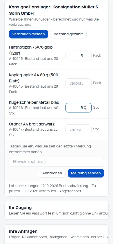 Konsignationslager: Ware beim Kunden lagern, nur den Verbrauch berechnen – gemeldet vom Team oder im Kundenportal (Handyansicht) – Bildschirm aus der Demo