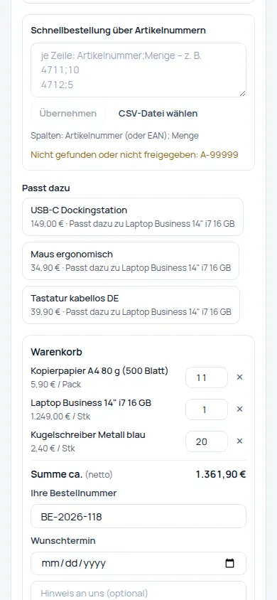 B2B-Bestellportal: Geschäftskunden bestellen selbst – zu ihren Preisen, mit Bestellnummer und Wunschtermin (Handyansicht) – Bildschirm aus der Demo