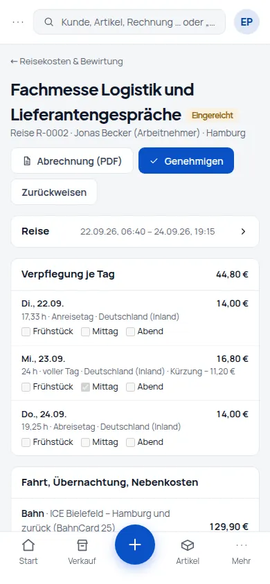 Fahrt, Hotel & Nebenkosten: km-Pauschale, Hotel ohne Frühstück und die Frage: Firma oder privat? (Handyansicht) – Bildschirm aus der Demo