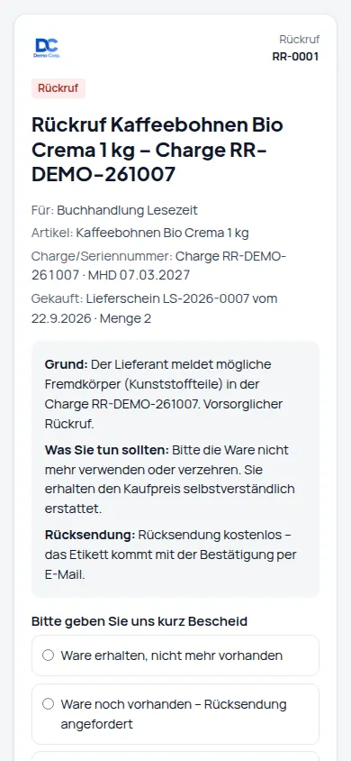 Kunden informieren: Rückruf-Mail mit persönlichem Rückmelde-Link, Brief, Telefonliste und Erinnerung (Handyansicht) – Bildschirm aus der Demo