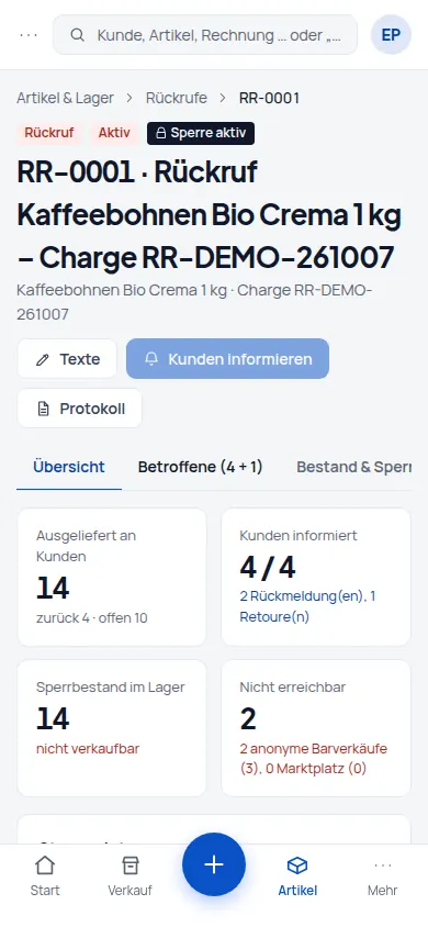 Rechte, Suche & Schnittstellen: Rückrufe nur für Berechtigte – mit „Heute wichtig“, Suche, KI-Assistent und API (Handyansicht) – Bildschirm aus der Demo