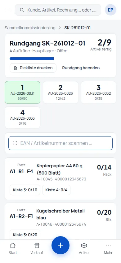 Sammelkommissionierung: Mehrere Aufträge in einem Rundgang – der Scanner sagt, in welche Kiste (Handyansicht) – Bildschirm aus der Demo