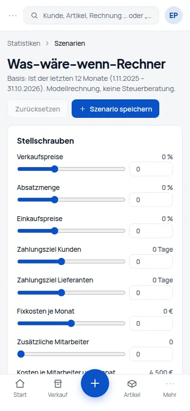 Was-wäre-wenn: Preise +10 %, ein Mitarbeiter mehr, Zahlungsziel −10 Tage – was macht das mit Ergebnis und Liquidität? (Handyansicht) – Bildschirm aus der Demo