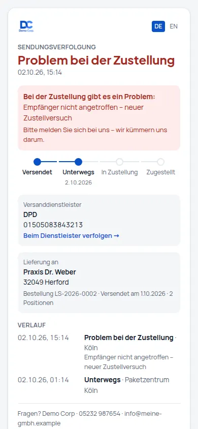 Sendungsverfolgung: Tracking-Seite im eigenen Design – und auf Wunsch SMS oder WhatsApp (Handyansicht) – Bildschirm aus der Demo