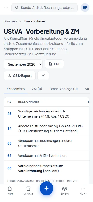 Steuer richtig: Inland, Kleinunternehmer, EU und Drittland – credoox wählt das Steuerschema und meldet in der UStVA (Handyansicht) – Bildschirm aus der Demo