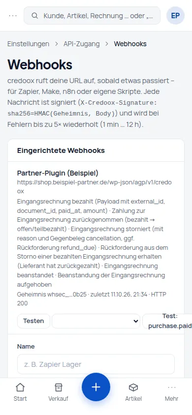Webhooks: Der Shop erfährt sofort, was mit seiner Gutschrift passiert – signiert, wiederholt und testbar (Handyansicht) – Bildschirm aus der Demo