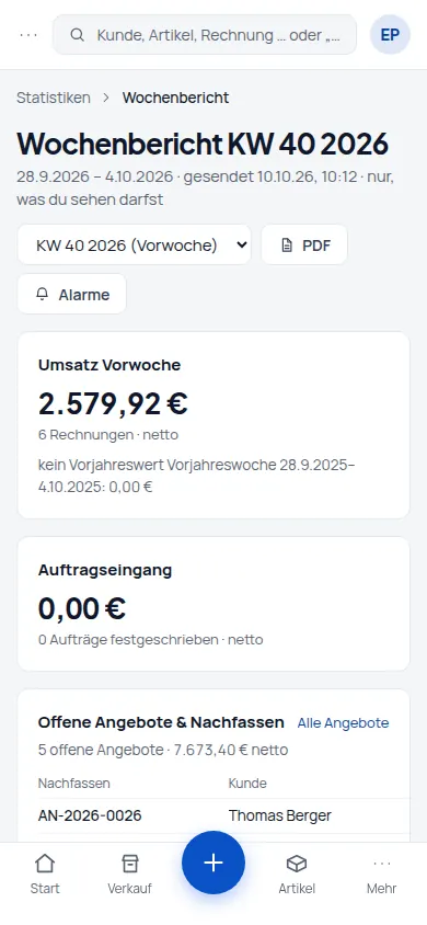 Montagsbericht: Montag 7 Uhr: der Wochenbericht im Postfach – nur mit dem, was Sie sehen dürfen (Handyansicht) – Bildschirm aus der Demo