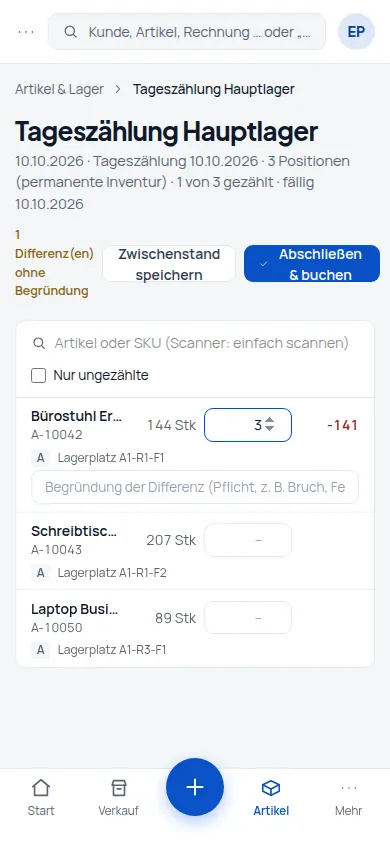 Permanente Inventur: Jeden Tag ein paar Positionen zählen statt einmal im Jahr alles (Handyansicht) – Bildschirm aus der Demo