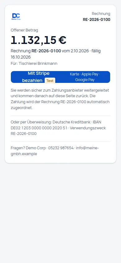 Zahlungslink: „Online bezahlen“ auf Rechnung, Mahnung und im Portal – Zahlung ordnet sich selbst zu (Handyansicht) – Bildschirm aus der Demo