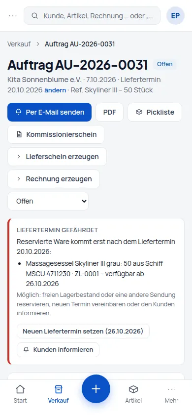 Verspätung: Das Schiff kommt später? credoox meldet den gefährdeten Auftrag – mit Vorschlägen (Handyansicht) – Bildschirm aus der Demo