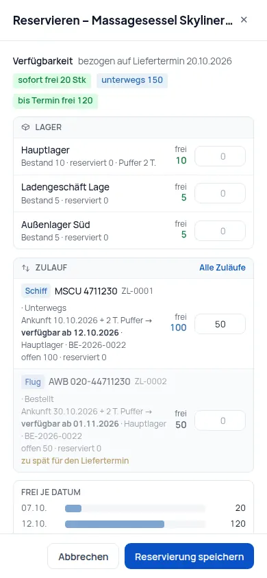 Reservieren: Aus Lager oder Zulauf reservieren – Überbuchen ist gesperrt (Handyansicht) – Bildschirm aus der Demo