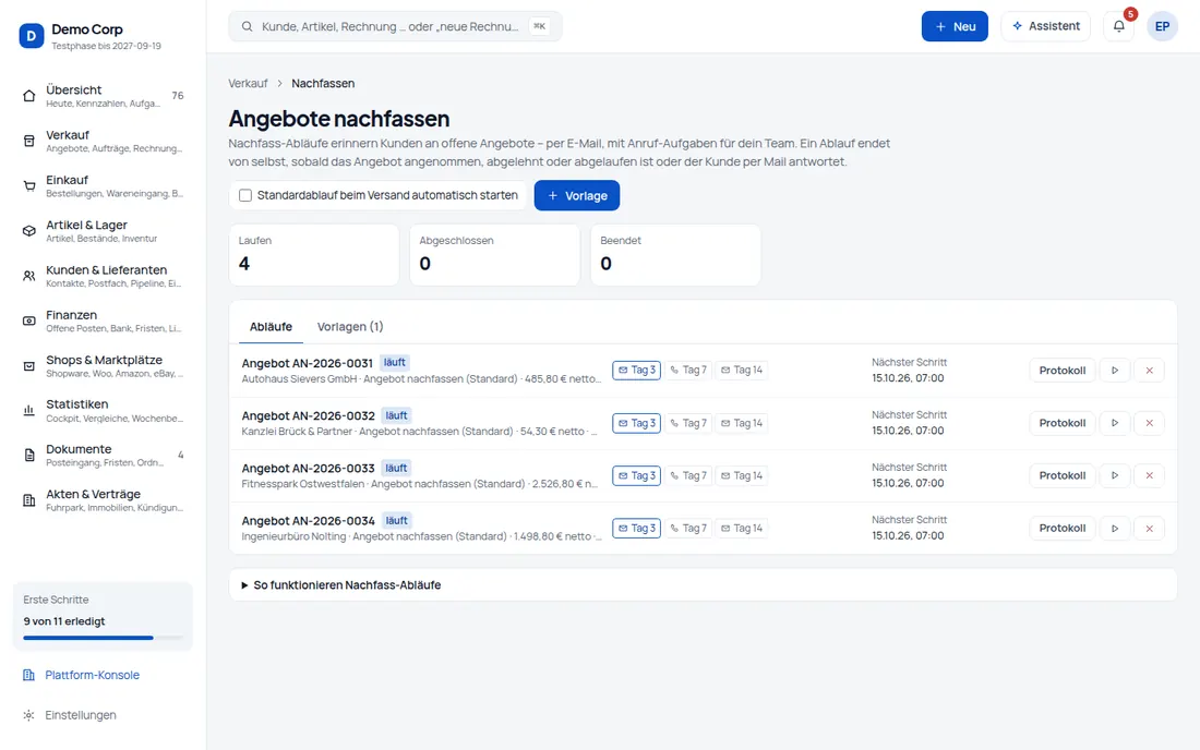 Angebote nachfassen: Kein Angebot geht mehr unter – Nachfass-Abläufe mit Mail, Anruf und Erinnerung, die von selbst aufhören – Bildschirm aus der Demo