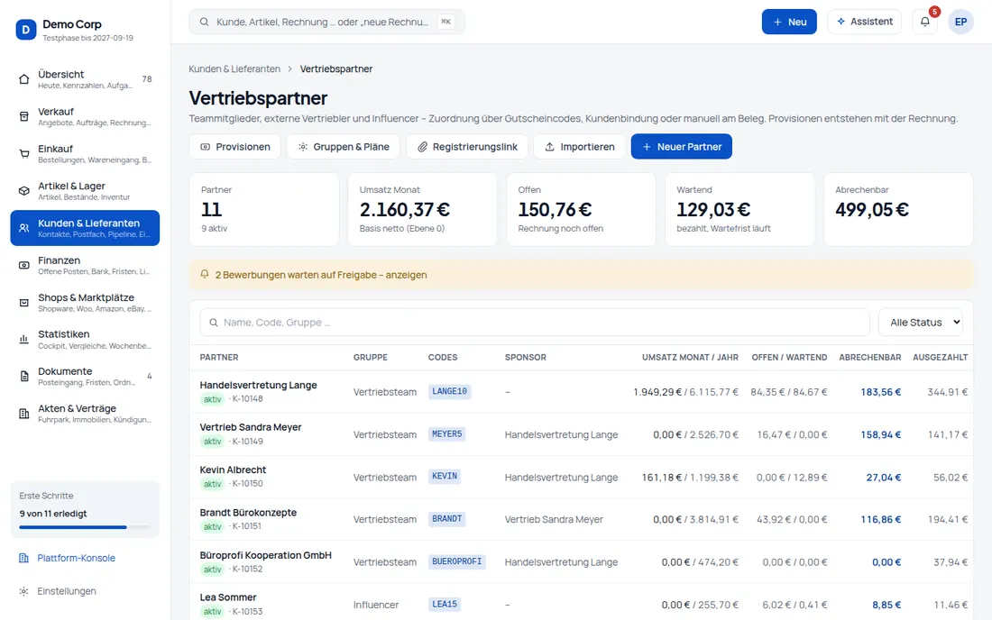 Umzug in credoox: Bestehende Partner übernehmen – per CSV-Datei oder Schnittstelle, ohne Dubletten (Ansicht 2) – Bildschirm aus der Demo