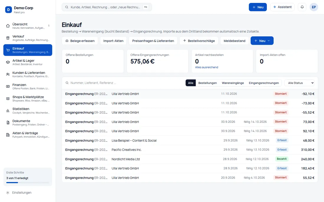 Gutschriften per API: Partner-Gutschriften als Eingangsrechnung anliefern – einmal gesendet, nie doppelt (Ansicht 2) – Bildschirm aus der Demo