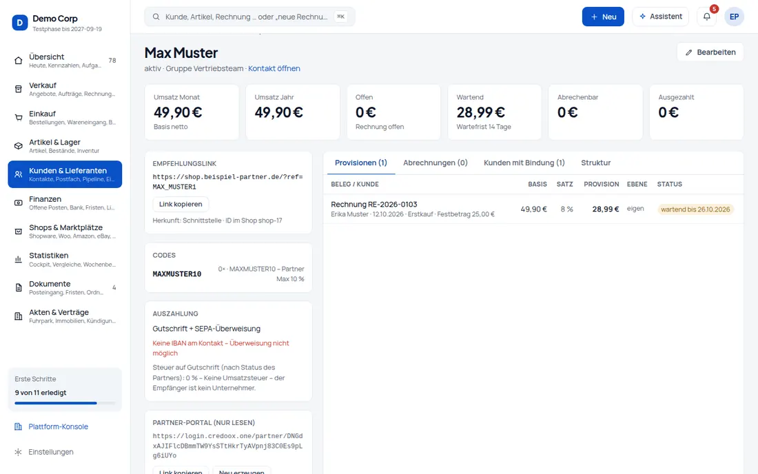 Empfehlungslink & Plugin: Empfehlungslink statt nur Gutscheincode – das kostenlose WordPress-Plugin „credoox Connect“ merkt sich den Partner – Bildschirm aus der Demo