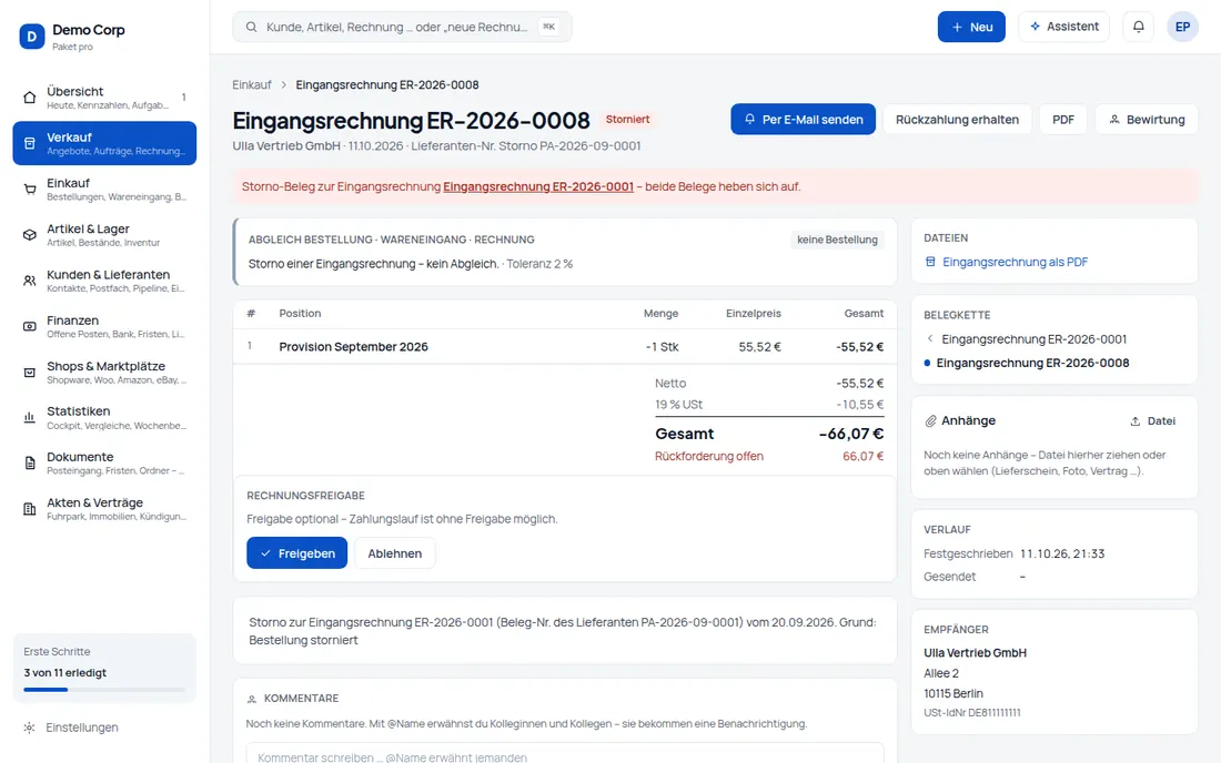 Storno: Gutschrift storniert – auch wenn sie schon bezahlt war: Gegenbeleg, Rückforderung, Rückzahlung (Ansicht 2) – Bildschirm aus der Demo