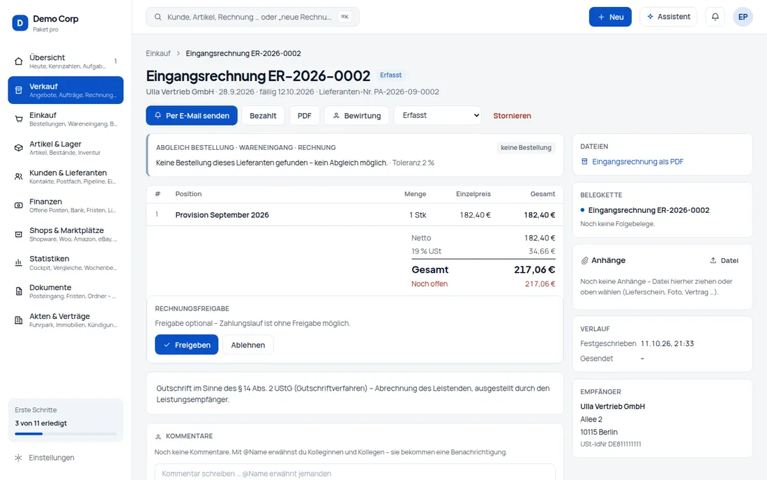 Gutschriften per API: Partner-Gutschriften als Eingangsrechnung anliefern – einmal gesendet, nie doppelt – Bildschirm aus der Demo