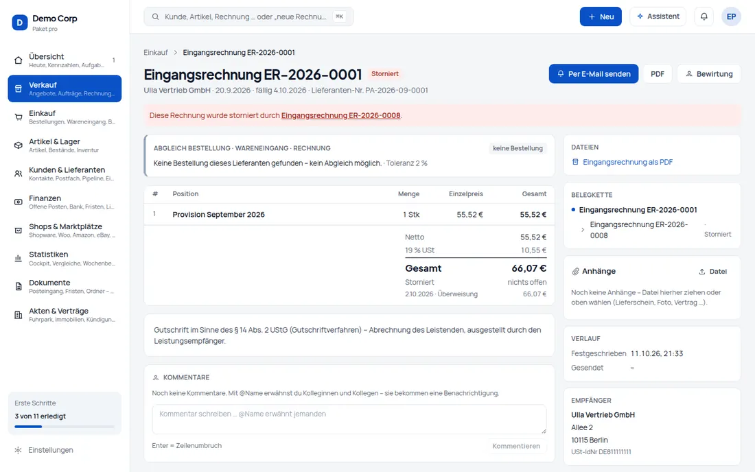 Storno: Gutschrift storniert – auch wenn sie schon bezahlt war: Gegenbeleg, Rückforderung, Rückzahlung – Bildschirm aus der Demo