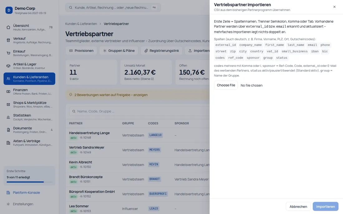 Umzug in credoox: Bestehende Partner übernehmen – per CSV-Datei oder Schnittstelle, ohne Dubletten – Bildschirm aus der Demo