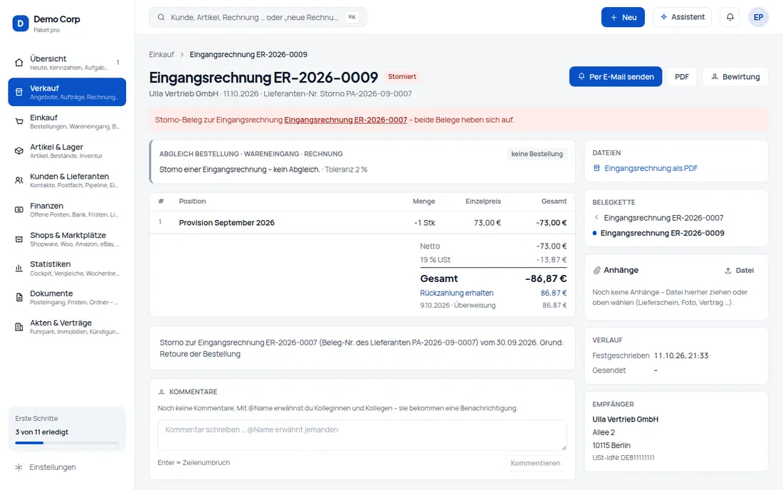 Storno: Gutschrift storniert – auch wenn sie schon bezahlt war: Gegenbeleg, Rückforderung, Rückzahlung (Ansicht 3) – Bildschirm aus der Demo