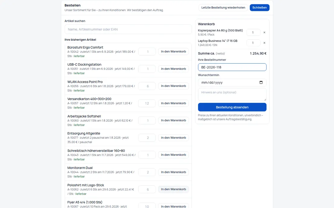 B2B-Bestellportal: Geschäftskunden bestellen selbst – zu ihren Preisen, mit Bestellnummer und Wunschtermin – Bildschirm aus der Demo