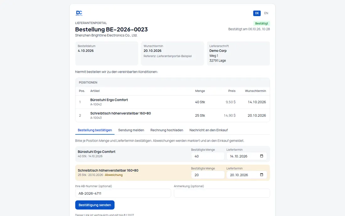 Lieferantenportal: Ein Link ohne Login: Lieferant bestätigt, meldet die Sendung, lädt die Rechnung hoch – Bildschirm aus der Demo