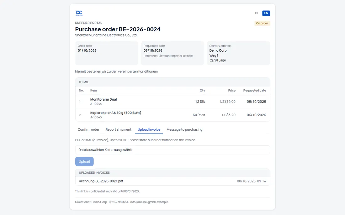 Lieferantenportal: Ein Link ohne Login: Lieferant bestätigt, meldet die Sendung, lädt die Rechnung hoch (Ansicht 3) – Bildschirm aus der Demo