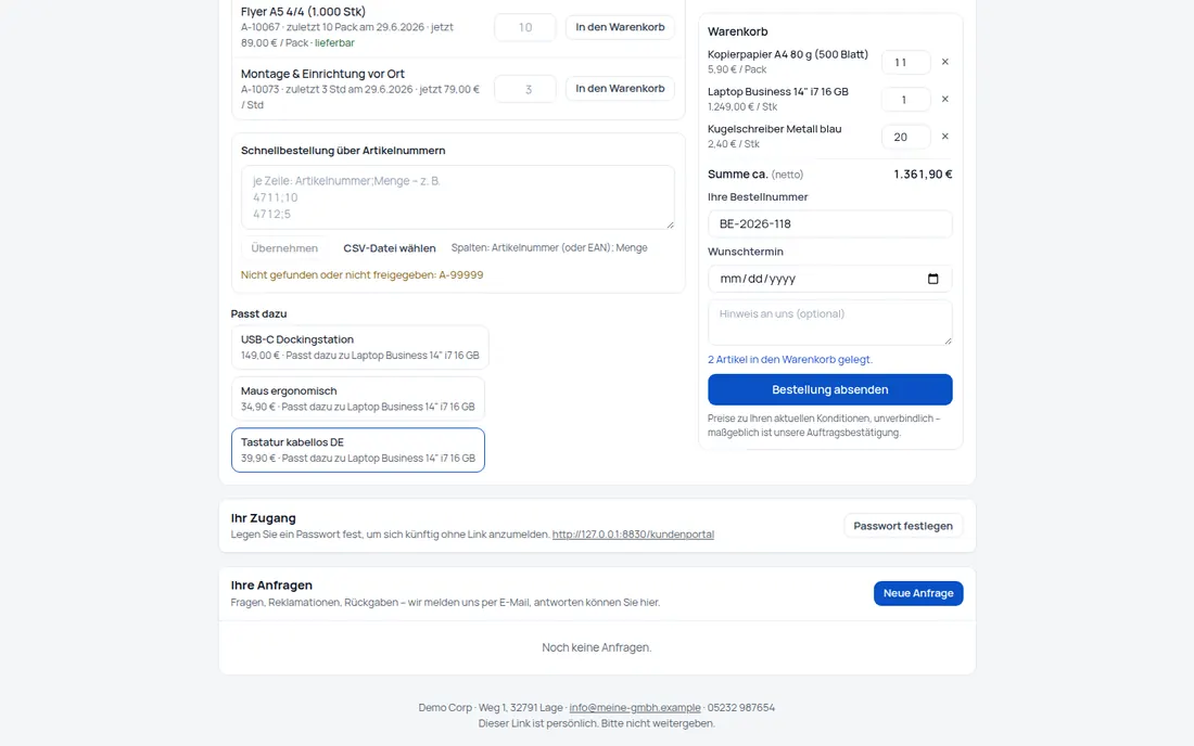 Schnellbestellung: Artikelnummern einfügen oder CSV hochladen – die Bestellung steht in Sekunden (Ansicht 2) – Bildschirm aus der Demo