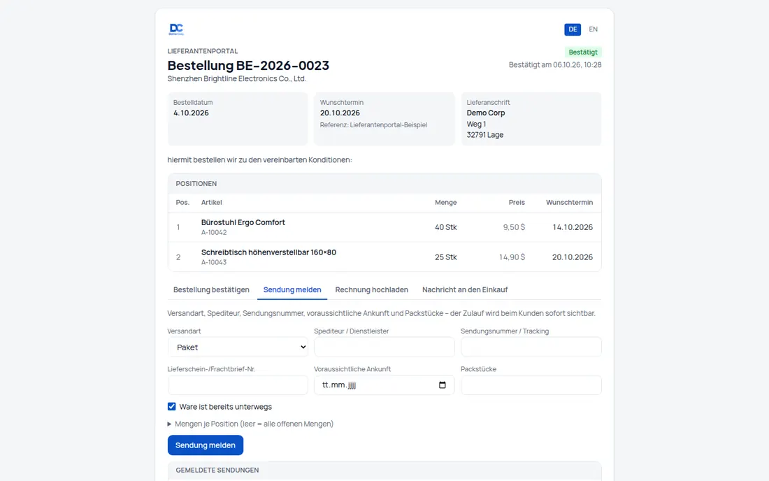 Lieferantenportal: Ein Link ohne Login: Lieferant bestätigt, meldet die Sendung, lädt die Rechnung hoch (Ansicht 2) – Bildschirm aus der Demo