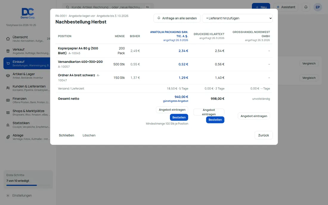 Preisanfragen & Lieferantenbewertung: Mehrere Lieferanten fragen, vergleichen, beim besten bestellen – Bildschirm aus der Demo