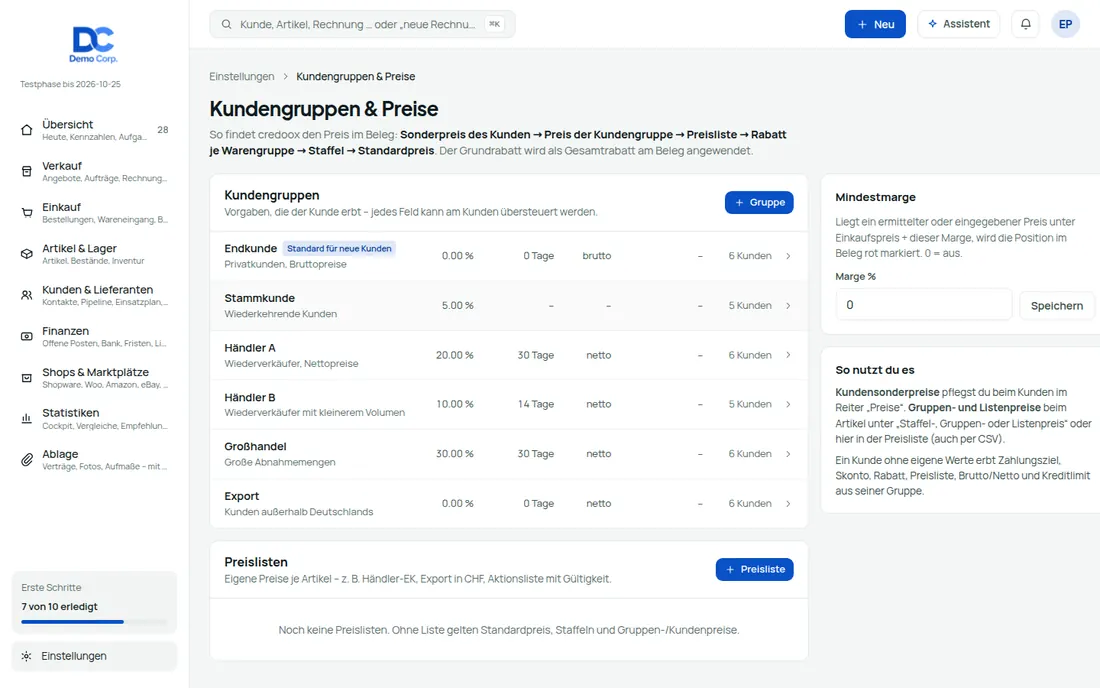 Preise, Aktionen & Währungen: Der richtige Preis steht automatisch im Beleg – Bildschirm aus der Demo