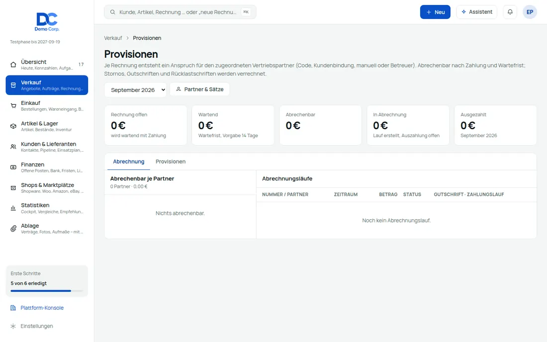 Partner & Provisionen – Bildschirm aus der Demo