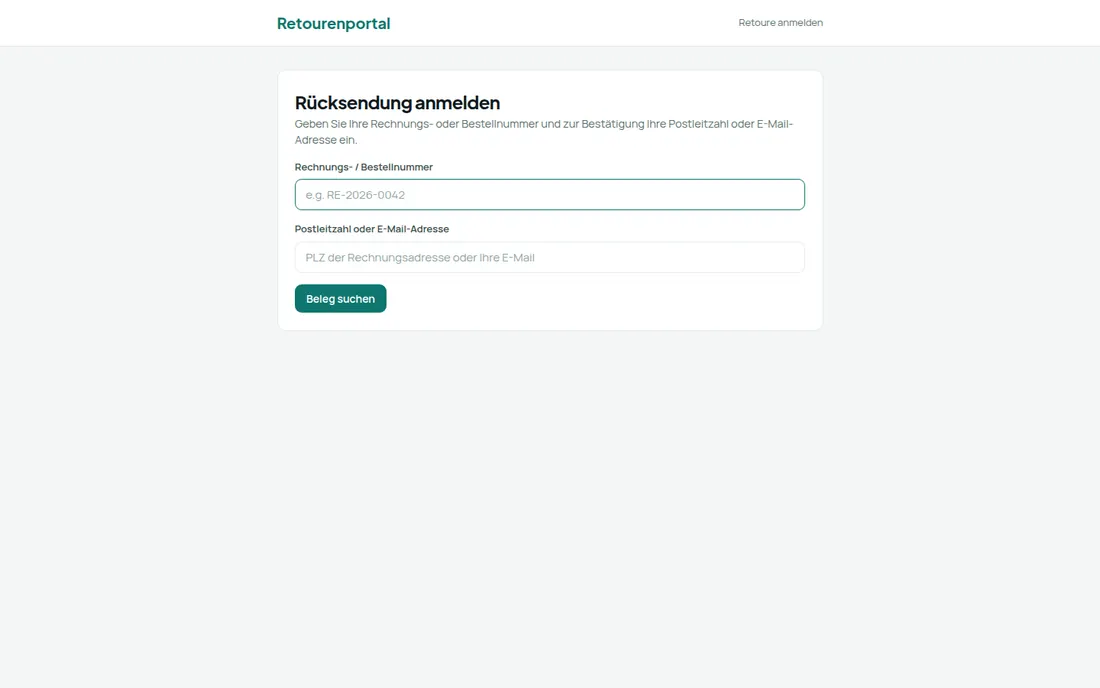 Label am Beleg, Sendungsnummer im Shop, Retoure vom Kunden selbst – Bildschirm aus der Demo