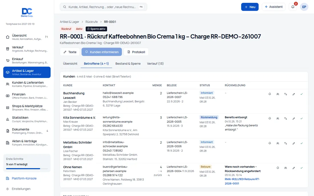 Betroffene Kunden: Alle Kunden, die die Charge erhalten haben – über Lieferschein, Rechnung, Kasse, Shop und Portal – Bildschirm aus der Demo