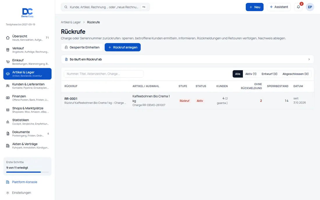 Rückruf anlegen: Rückruf für eine Charge, einen MHD-Bereich oder Seriennummern – in wenigen Minuten angelegt (Ansicht 2) – Bildschirm aus der Demo