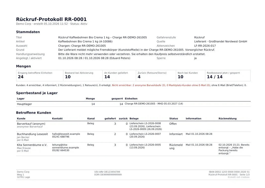 Nachweis & Abschluss: Rückruf-Protokoll als PDF und Excel im Dokumentenmanagement – Abschluss mit Prüfsumme, danach unveränderbar – Bildschirm aus der Demo