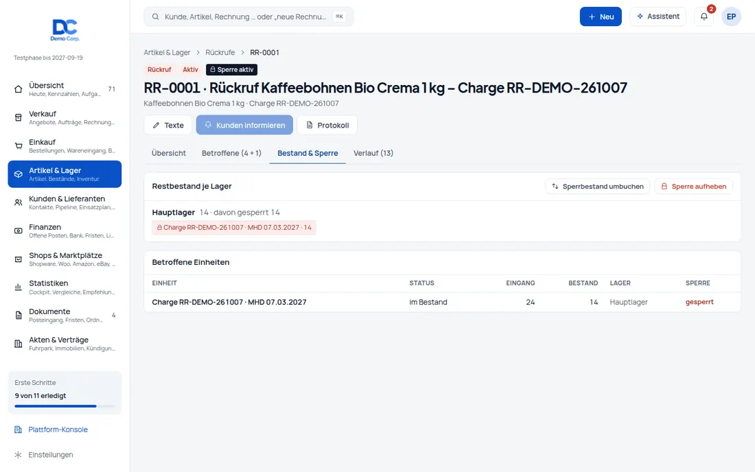 Sofortsperre: Mit dem Aktivieren gesperrt: nicht mehr kommissionierbar, nicht verkaufbar, nicht im Shop – Bildschirm aus der Demo