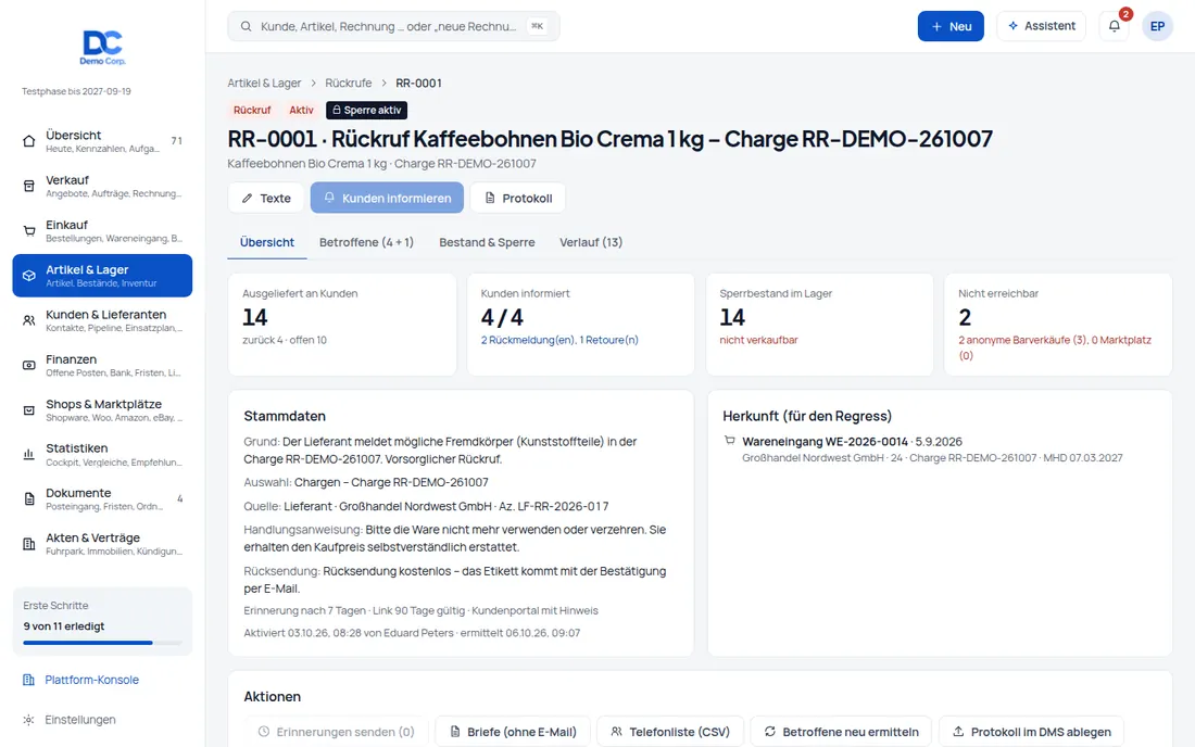 Betroffene Kunden: Alle Kunden, die die Charge erhalten haben – über Lieferschein, Rechnung, Kasse, Shop und Portal (Ansicht 2) – Bildschirm aus der Demo