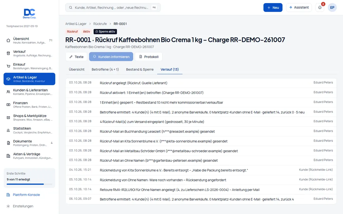 Nachweis & Abschluss: Rückruf-Protokoll als PDF und Excel im Dokumentenmanagement – Abschluss mit Prüfsumme, danach unveränderbar (Ansicht 2) – Bildschirm aus der Demo