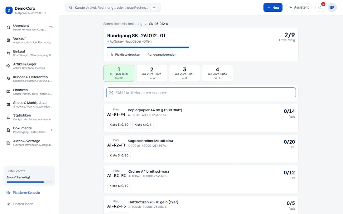 Sammelkommissionierung: Mehrere Aufträge in einem Rundgang – der Scanner sagt, in welche Kiste – Bildschirm aus der Demo