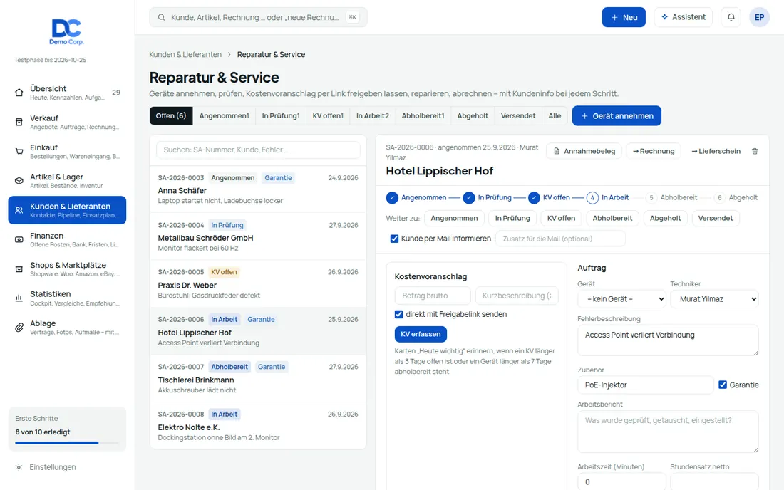 Service & Reparatur: Serviceaufträge – Bildschirm aus der Demo
