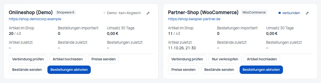 WooCommerce: Shop anbinden, ohne etwas zu überschreiben – „Nur verknüpfen“ und Bestellungen über 0 € – Bildschirm aus der Demo