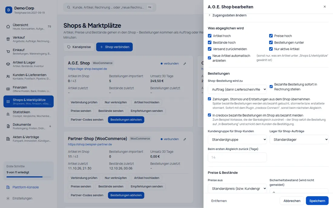 Zahlungsabgleich: Bezahlt, storniert, erstattet – der Stand aus dem Shop kommt sofort in credoox, und Vorkasse geht zurück an den Shop – Bildschirm aus der Demo