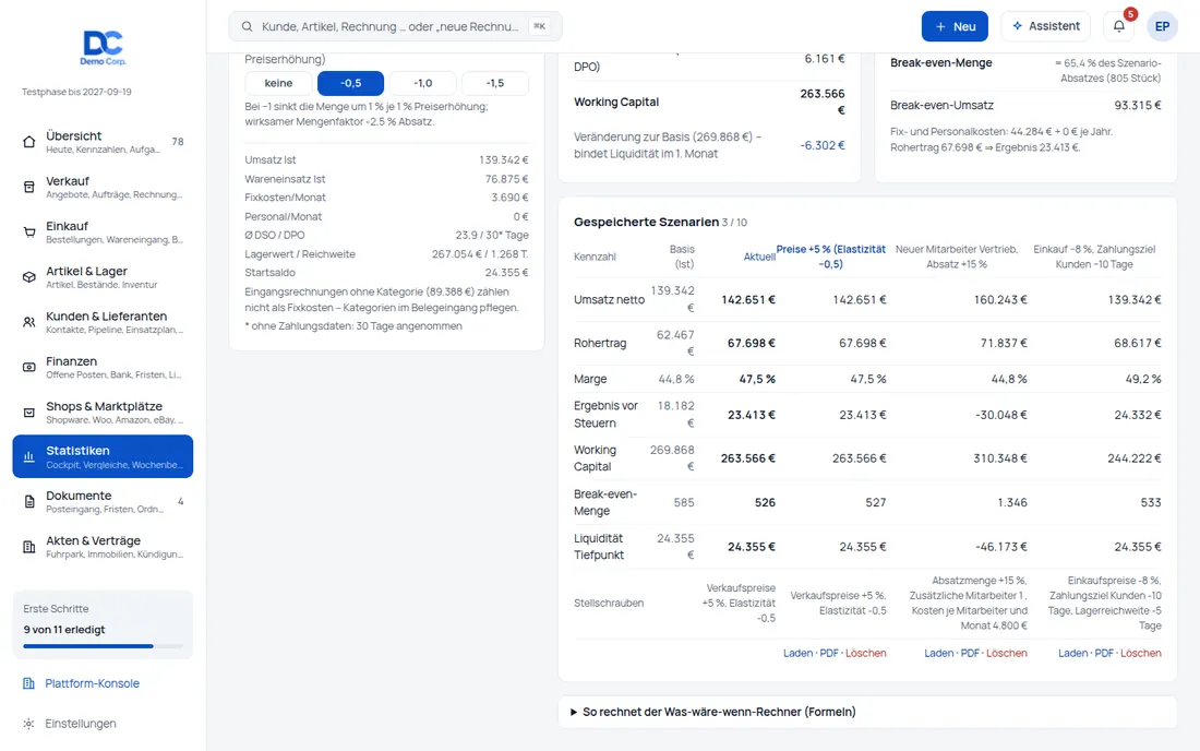 Was-wäre-wenn: Preise +10 %, ein Mitarbeiter mehr, Zahlungsziel −10 Tage – was macht das mit Ergebnis und Liquidität? (Ansicht 2) – Bildschirm aus der Demo